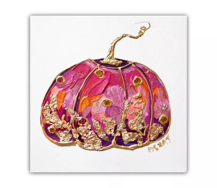 abstract painting - Indoor Halloween decorations on canvas original colorful decorative pink gold pumpkin painting textured modern art