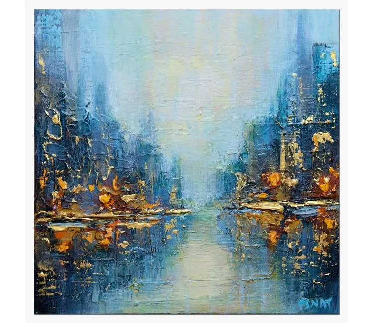 abstract painting - modern cityscape painting blue gold abstract canvas art original textured small painting