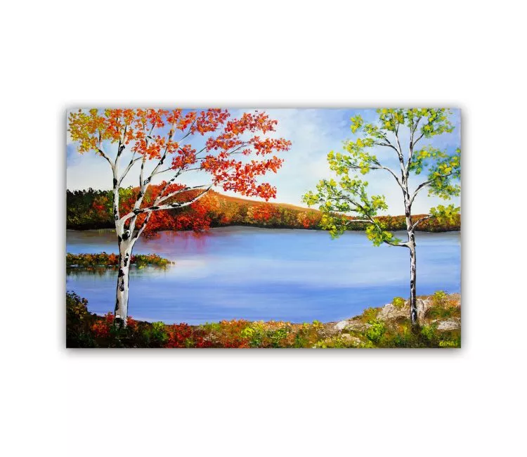landscape paintings - original modern lake abstract landscape painting on canvas autumn colors trees art decor