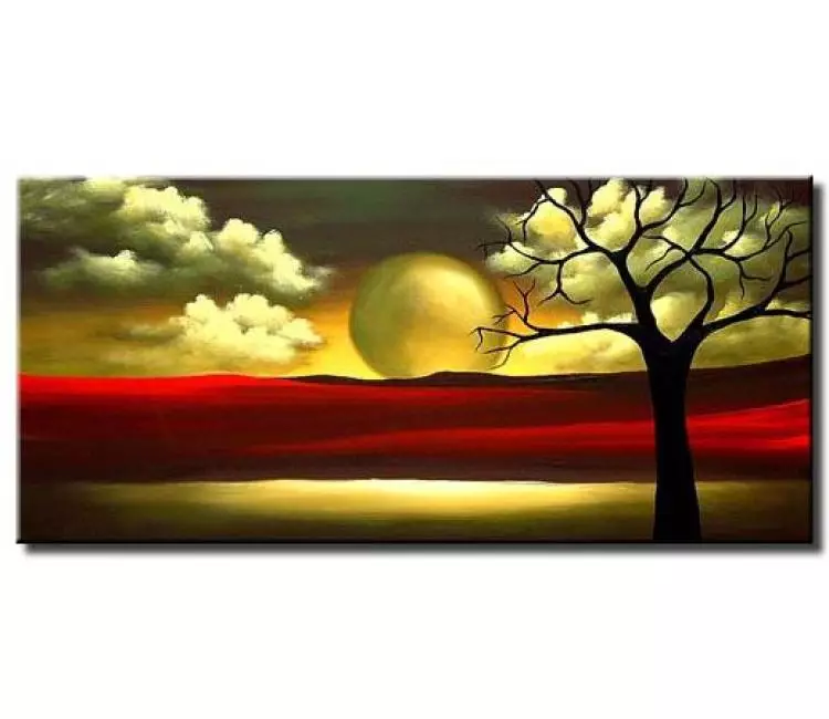 landscape paintings - moon painting acrylic on canvas green red modern landscape tree art