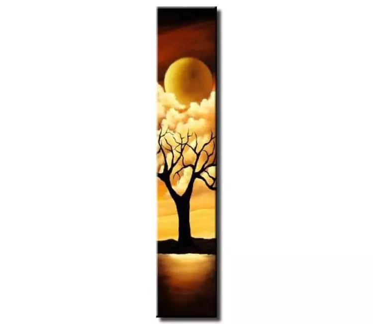 landscape paintings - vertical abstract moon painting on canvas minimalist brown yellow tree art