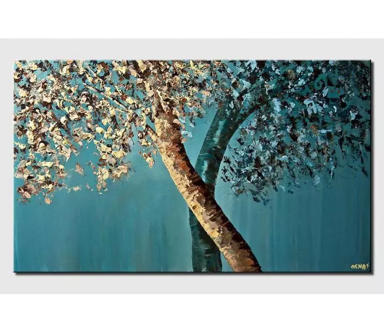 forest painting - minimalist abstract trees art canvas painting teal modern wall art for living room
