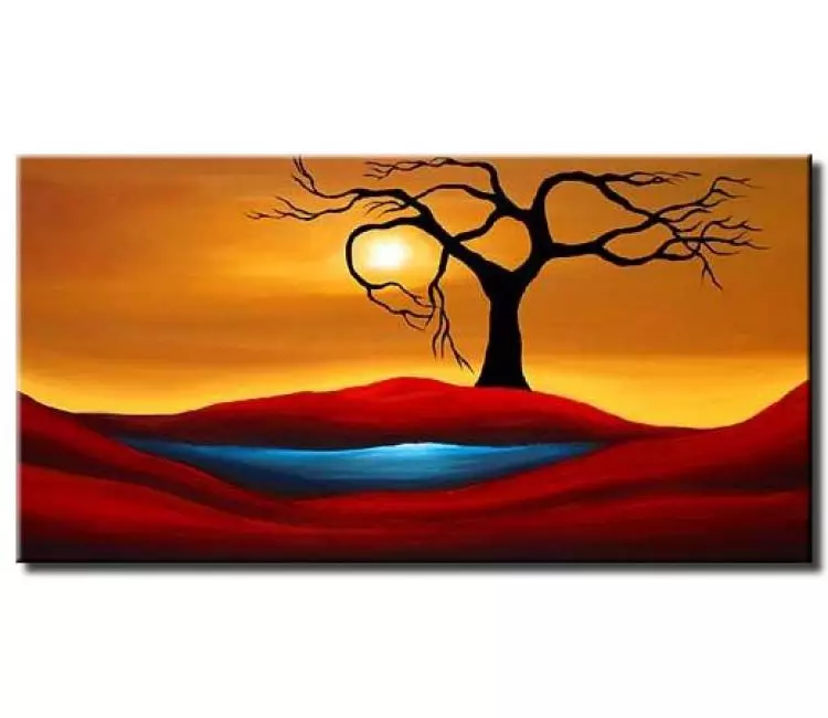 trees painting - abstract landscape tree painting on canvas original simple painting modern blue red wall art for living room
