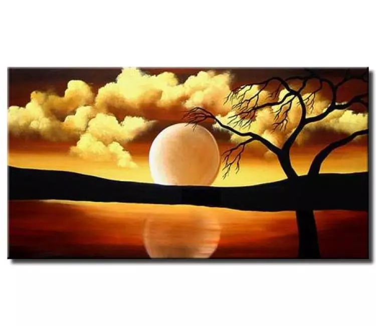 landscape paintings - original full moon landscape painting on canvas modern abstract tree painting living room wall art