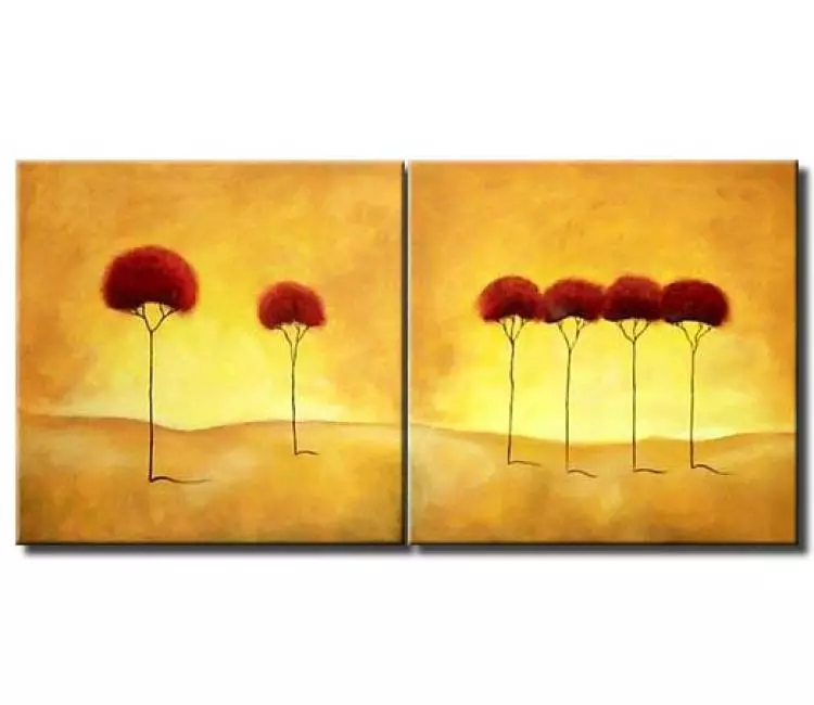 landscape paintings - red blooming trees yellow