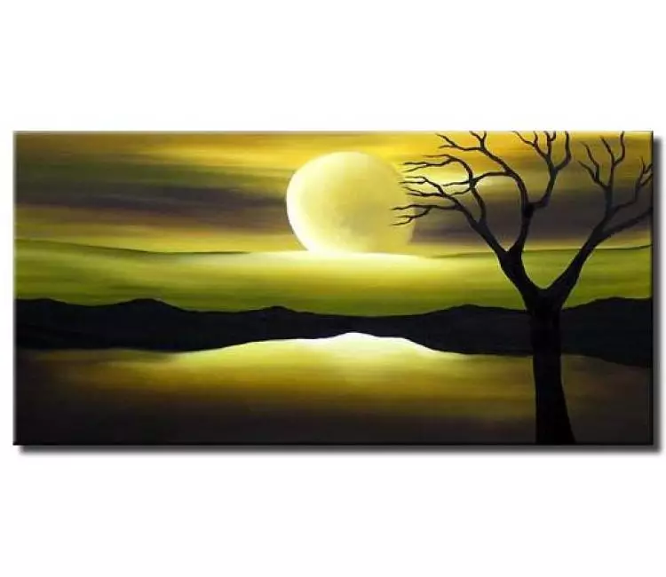 landscape paintings - modern green landscape moon painting on canvas minimalist tree painting
