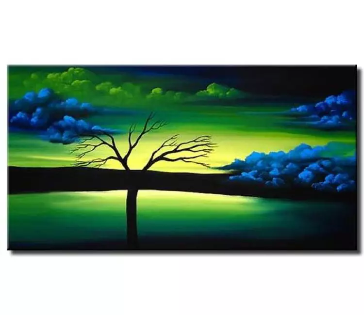 landscape paintings - blue green abstract landscape tree painting on canvas modern sunrise painting
