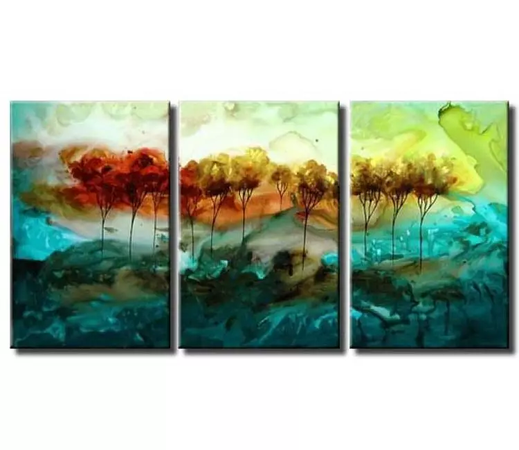 forest painting - big modern teal abstract landscape painting on canvas original large trees wall art for living room