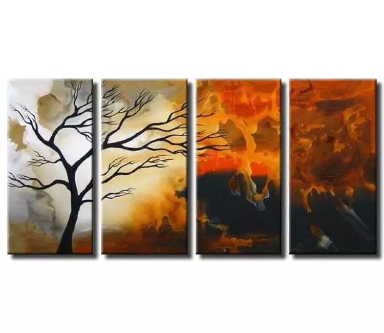landscape paintings - big contemporary grey orange abstract tree painting on canvas original large modern wall art decor