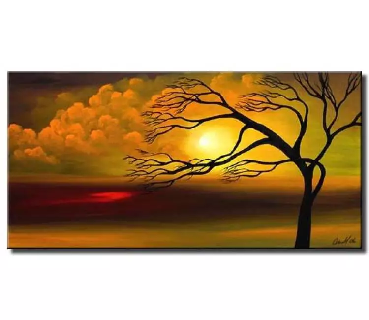 trees painting - modern landscape tree painting on canvas original green orange contemporary art decor