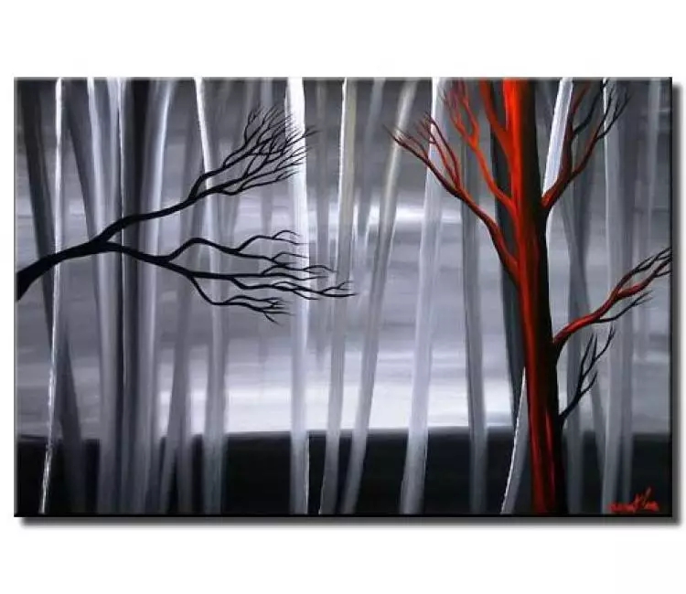 forest painting - modern abstract trees painting on canvas original black white grey red  landscape forest art decor
