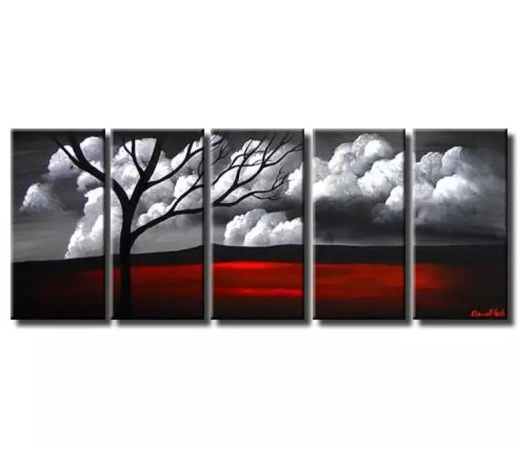 landscape paintings - big modern grey red black landscape painting on canvas original decorative abstract tree art for living room
