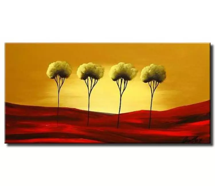 forest painting - original modern blooming trees painting on canvas in gold and red
