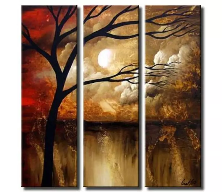 landscape paintings - modern abstract landscape tree painting on canvas original brown beige red art decor