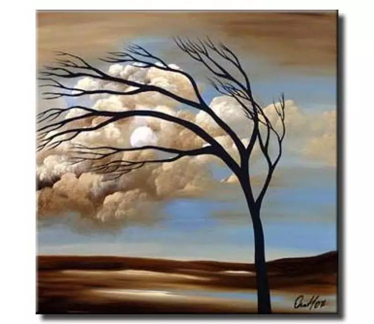 landscape paintings - modern abstract landscape tree painting on canvas original brown light blue art decor