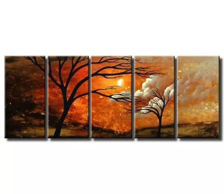landscape paintings - large minimalist orange abstract landscape trees painting on canvas modern living room wall art decor