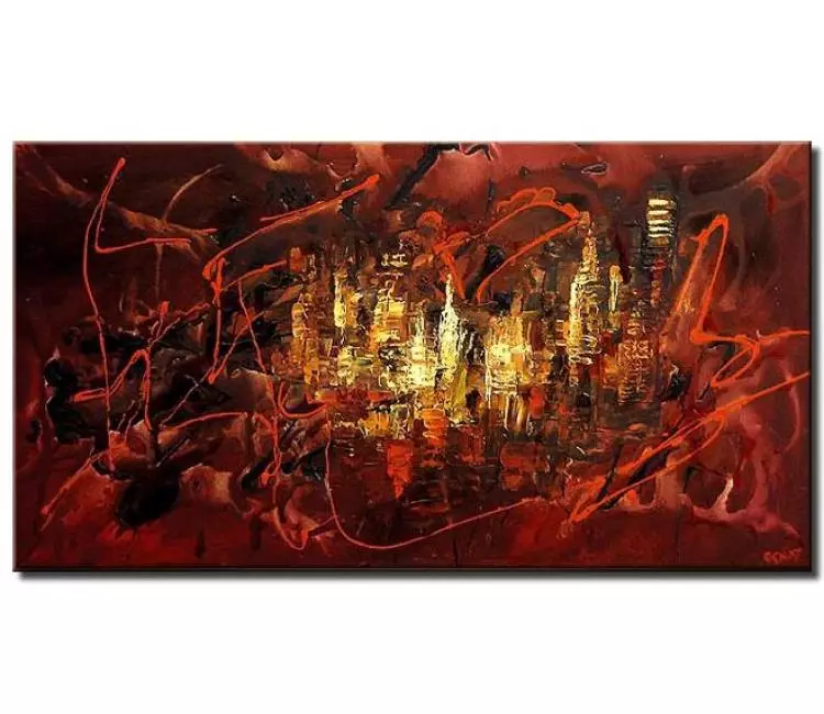 abstract painting - modern abstract city art on canvas original textured red contemporary painting