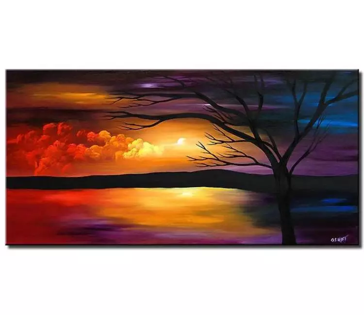 landscape paintings - blue red purple  landscape painting on canvas modern landscape tree art home decor