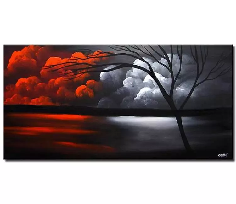 landscape paintings - modern landscape tree painting on canvas original minimalist grey red wall art for living room