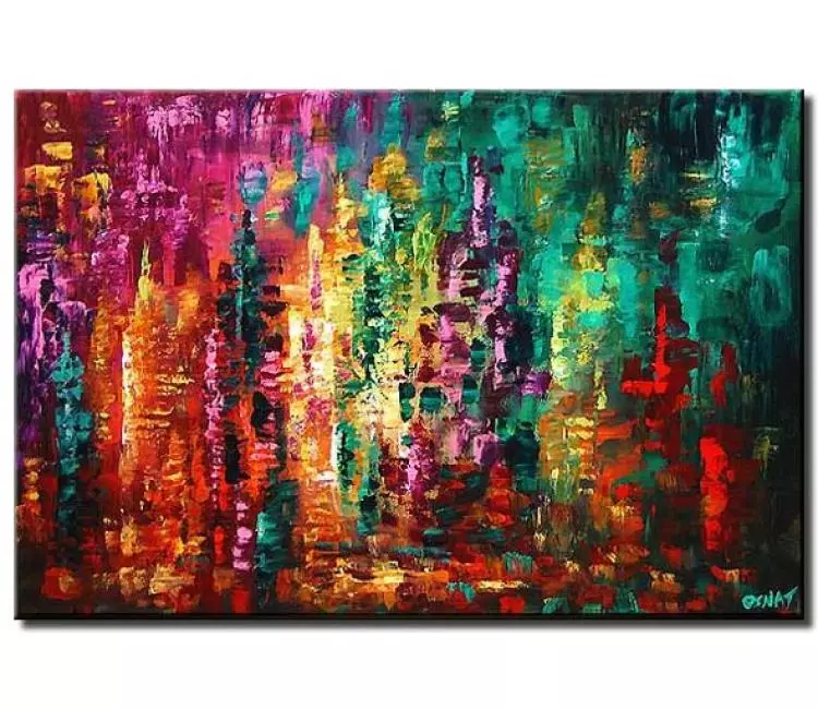 cityscape painting - colorful abstract city painting on canvas modern textured wall art