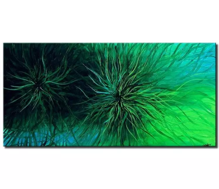 cosmos painting - modern green light blue abstract painting on canvas beautiful living room wall art