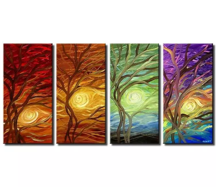 landscape paintings - big modern abstract trees painting on canvas colorful contemporary art for living room