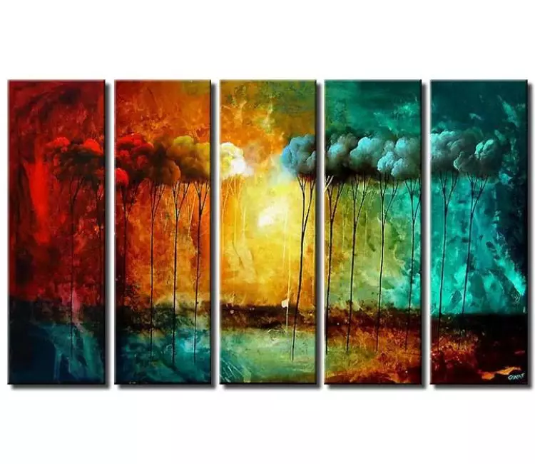 trees painting - big modern abstract landscape trees painting on canvas yellow turquoise red large living room wall art