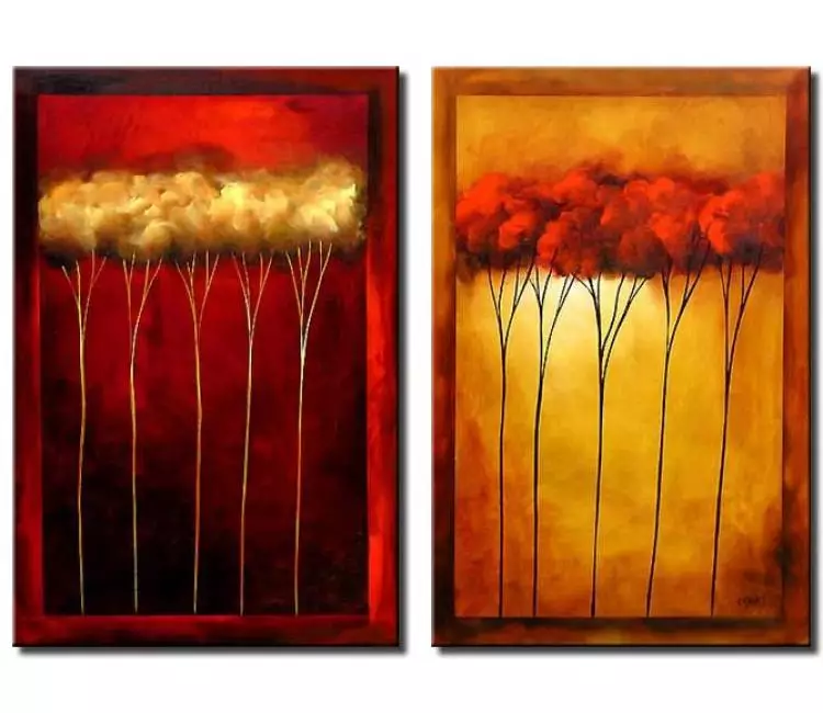 forest painting - modern diptych gold red abstract trees painting on canvas original living room wall art