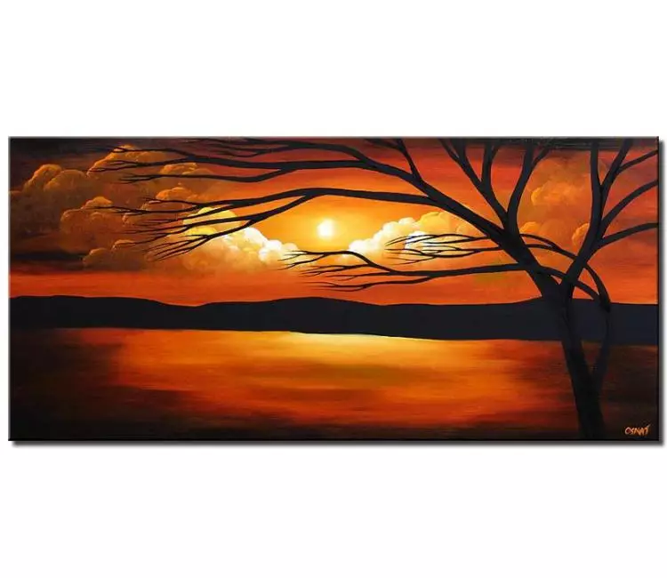 trees painting - modern landscape seascape painting on canvas original tree art contemporary orange art for living room