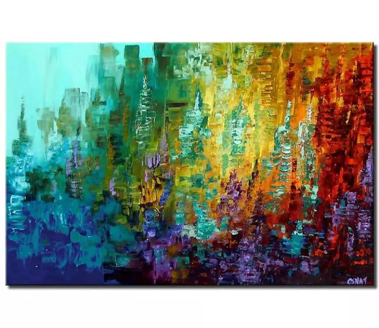 cityscape painting - colorful contemporary abstract city painting on canvas original textured modern palette knife wall art