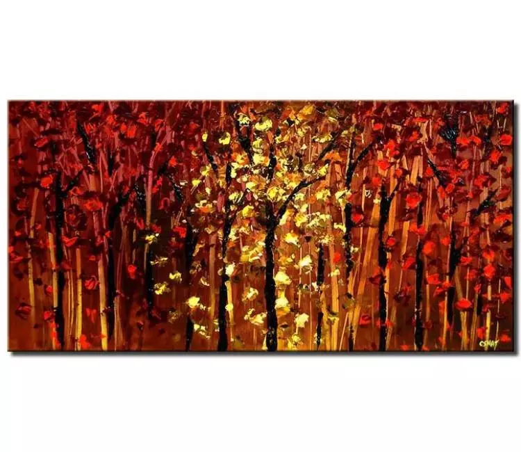 forest painting - modern red abstract forest painting on canvas original textured landscape trees painting for living room