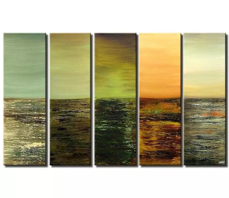 landscape paintings - big multi panel modern green abstract landscape seascape art on canvas textured painting for living room