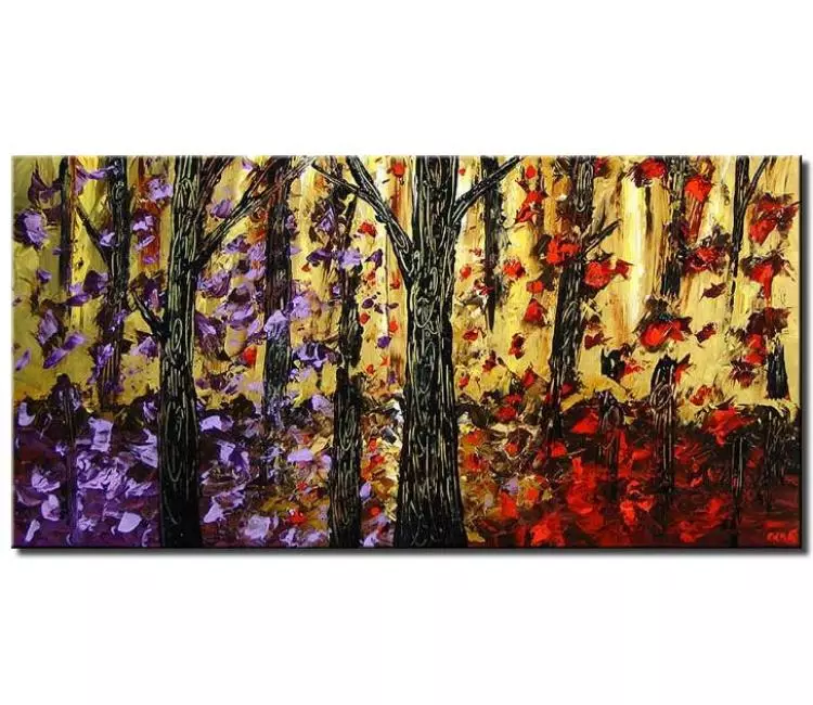 forest painting - colorful modern abstract fall forest trees painting on canvas large textured blooming trees art for living room
