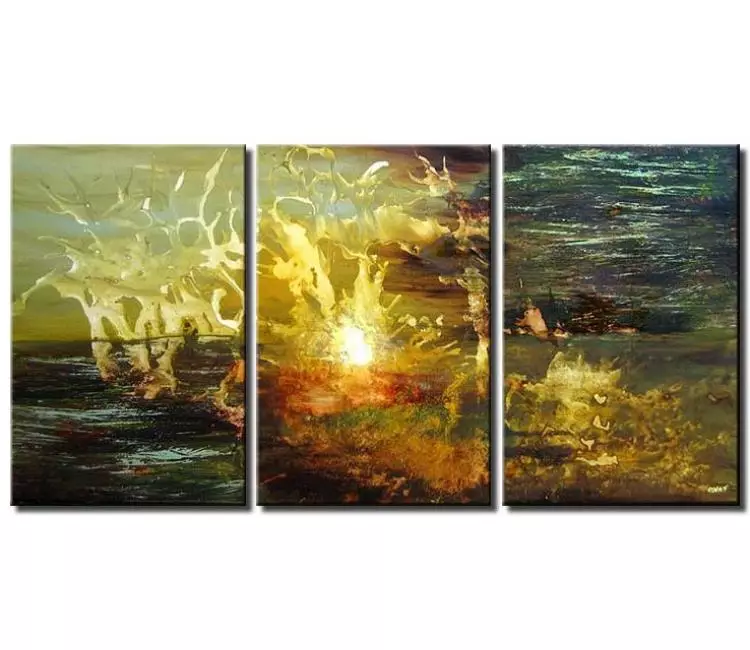 cosmos painting - big modern abstract sunrise sunset painting on canvas large contemporary planet art in green gold earth tone colors