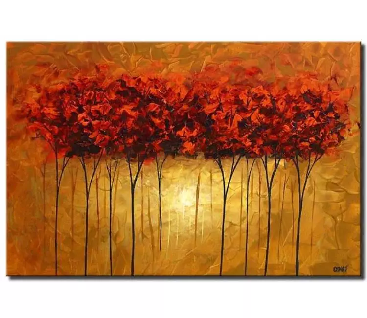 forest painting - modern abstract trees art on canvas textured red blooming trees contemporary wall art