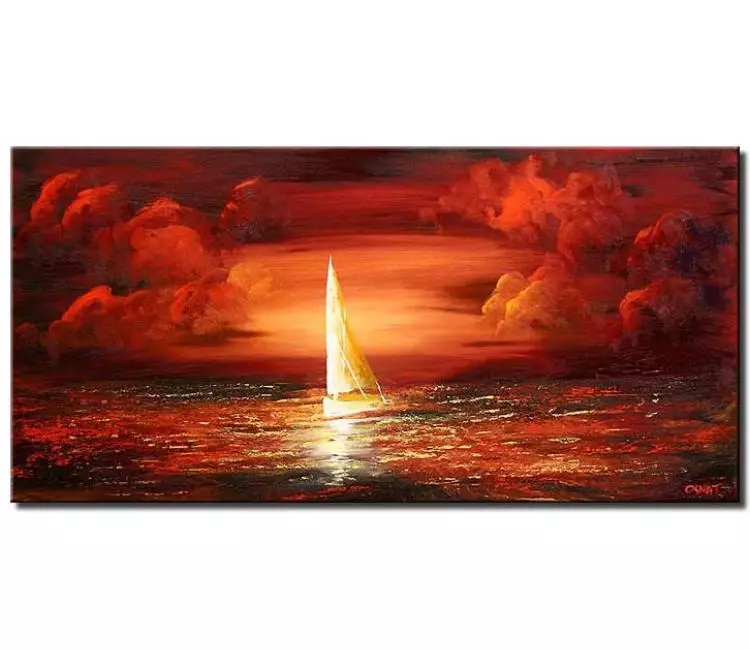 sailboats painting - red abstract seascape painting large canvas art modern sailboat painting in ocean calming wall art