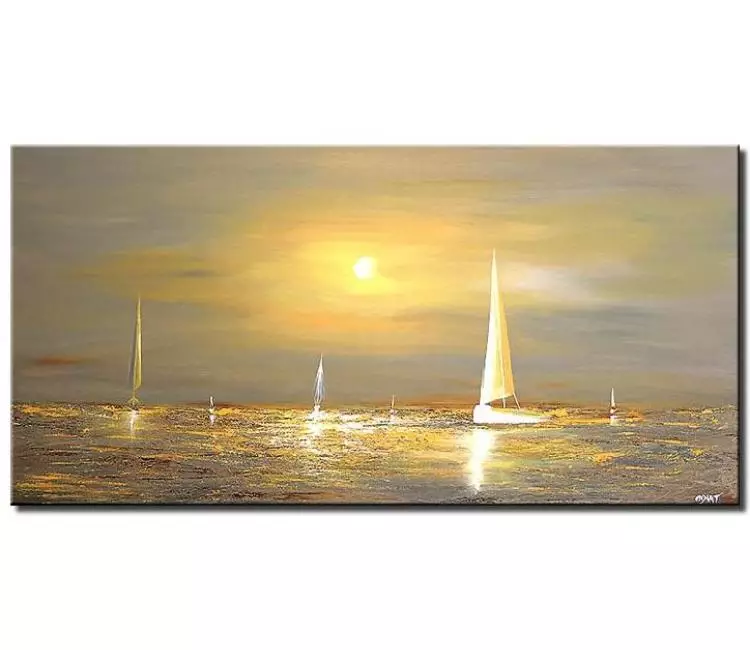 sailboats painting - modern grey yellow sailboats painting in ocean original seascape painting on canvas calming wall art in neutral colors