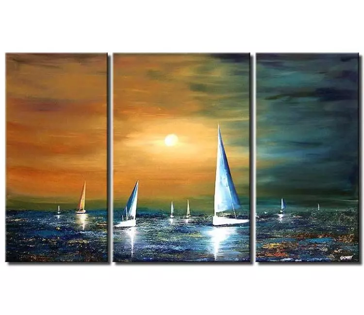 sailboats painting - modern blue sailboats painting in ocean original big seascape painting on canvas calming wall art