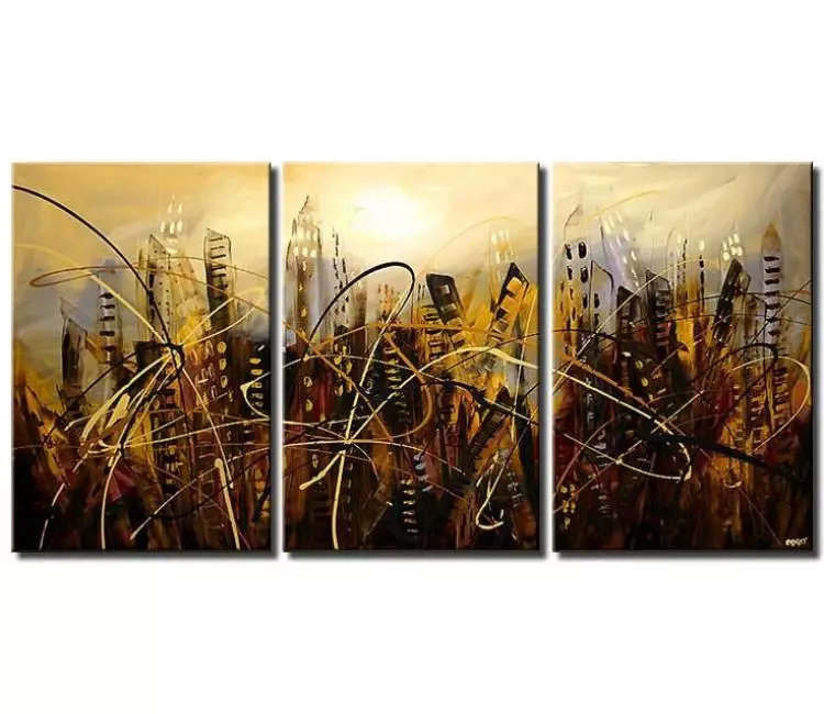 cityscape painting - big modern cityscape abstract painting on canvas large textured neutral wall art in grey yellow gold colors