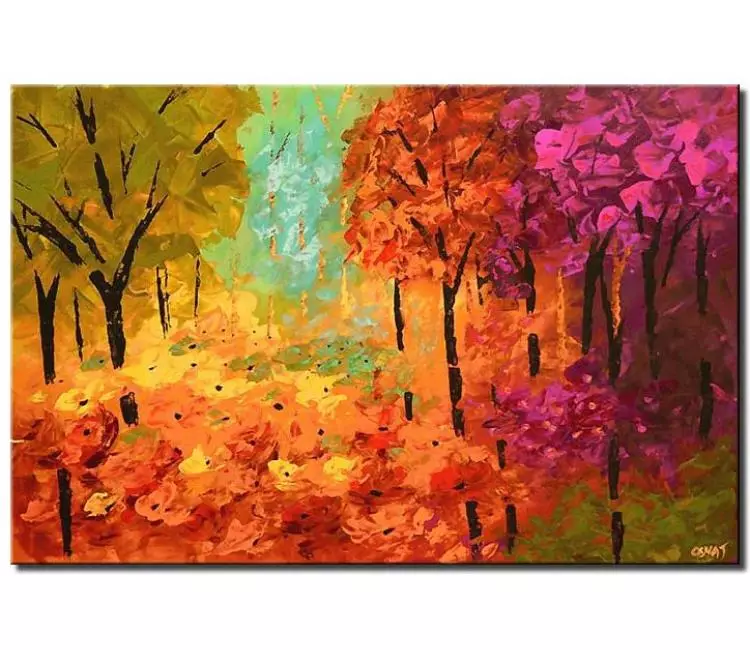 forest painting - colorful abstract landscape painting on canvas modern textured trees in wood art in pink orange green blue colors