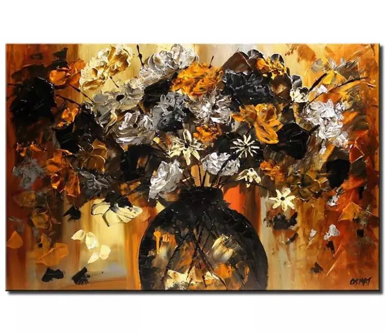 floral painting - modern textured floral abstract painting on canvas orange grey flowers in vase painting