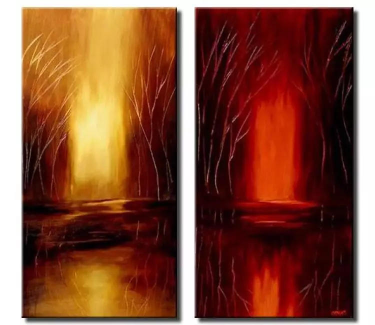 fire painting - diptych modern abstract landscape painting on canvas in gold and red