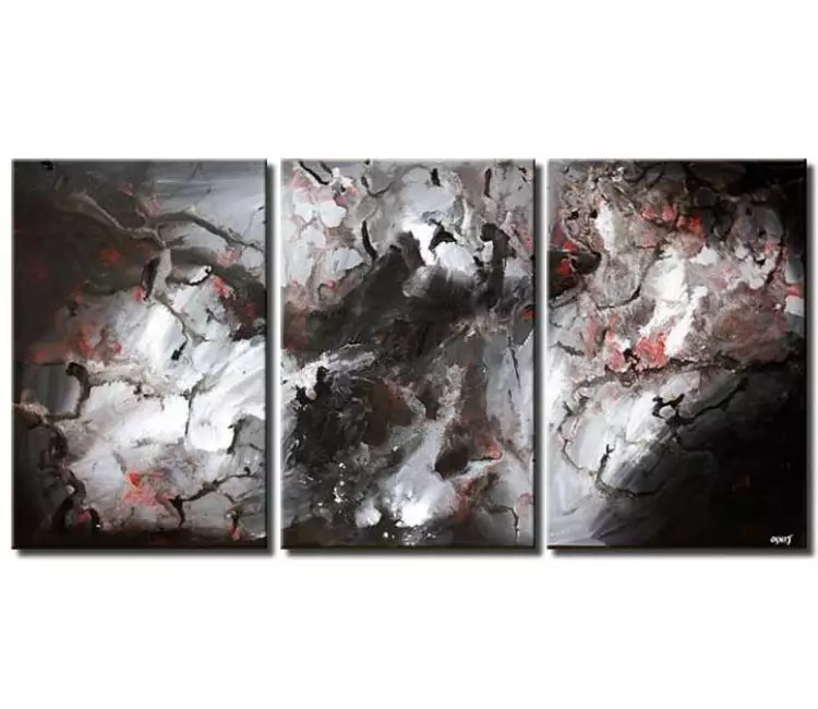 fluid painting - big triptych abstract painting on canvas minimal black white modern living room wall art