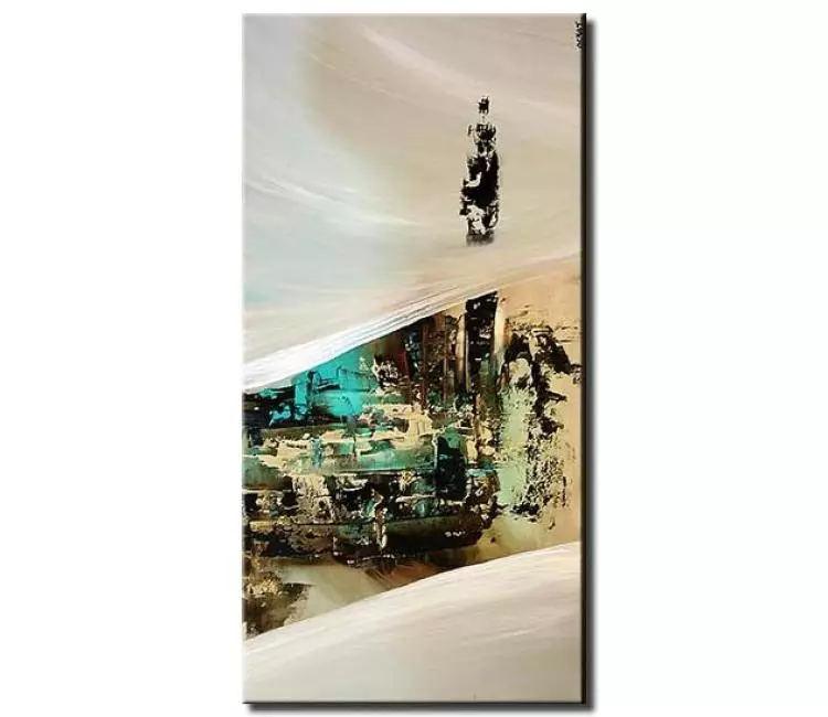 abstract painting - modern white turquoise vertical abstract painting on canvas