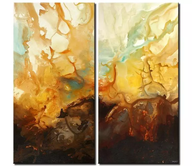 fluid painting - big diptych yellow abstract painting on canvas modern beautiful living room wall art