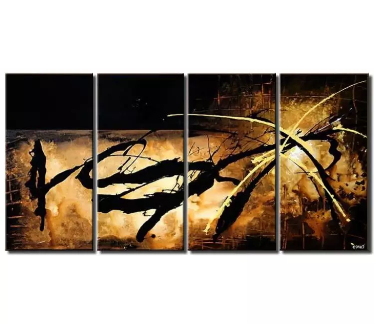 abstract painting - big modern black beige abstract painting on large multi panel canvas minimalist living room wall art