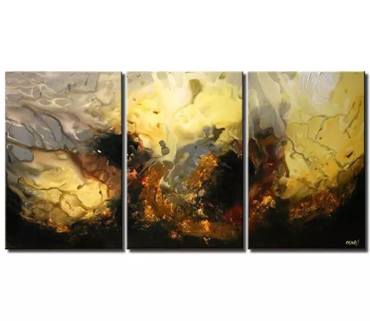 fluid painting - big grey yellow abstract painting on canvas large modern living room wall art