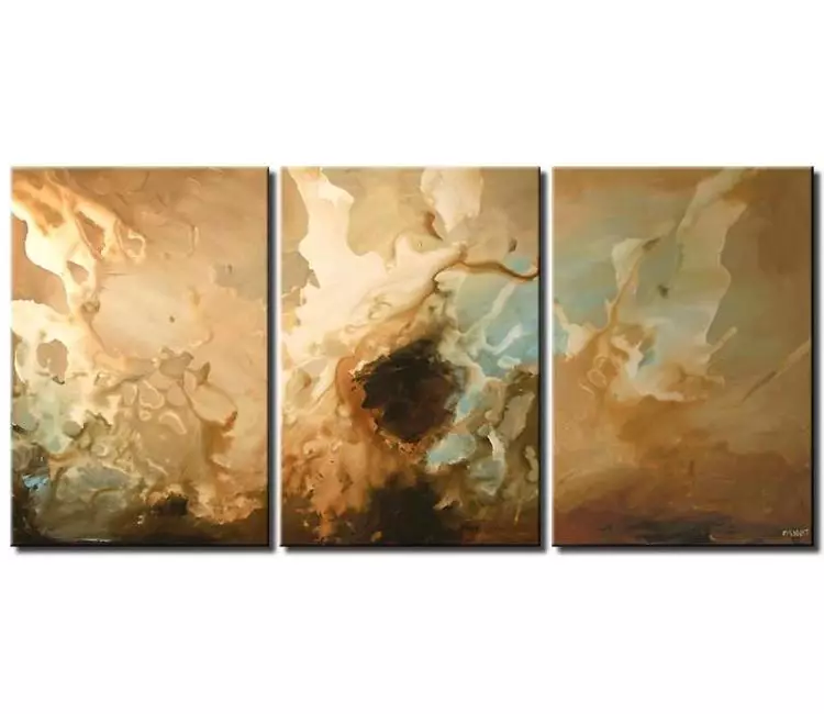 fluid painting - big neutral abstract art on canvas modern multi panel large beige light blue wall art for living room