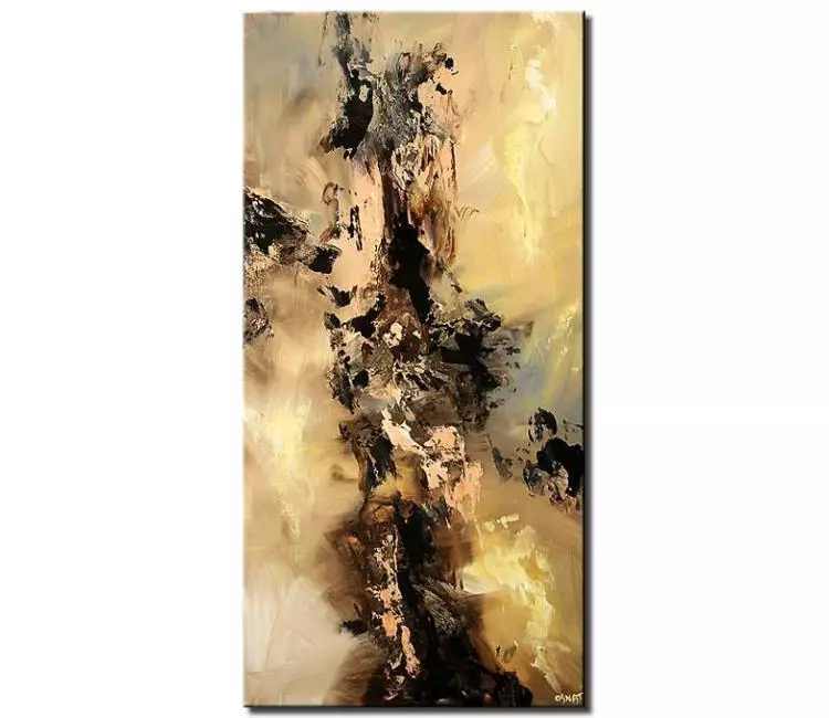 fluid painting - vertical modern neutral abstract painting on canvas taupe yellow grey color