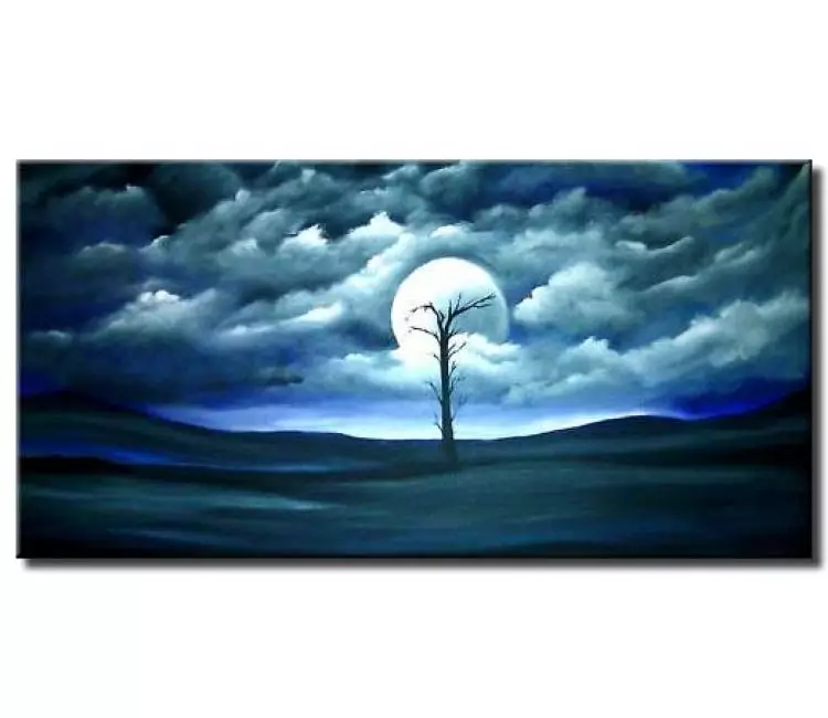 landscape paintings - blue landscape cloudy moon painting on canvas minimalist modern living room blue wall art